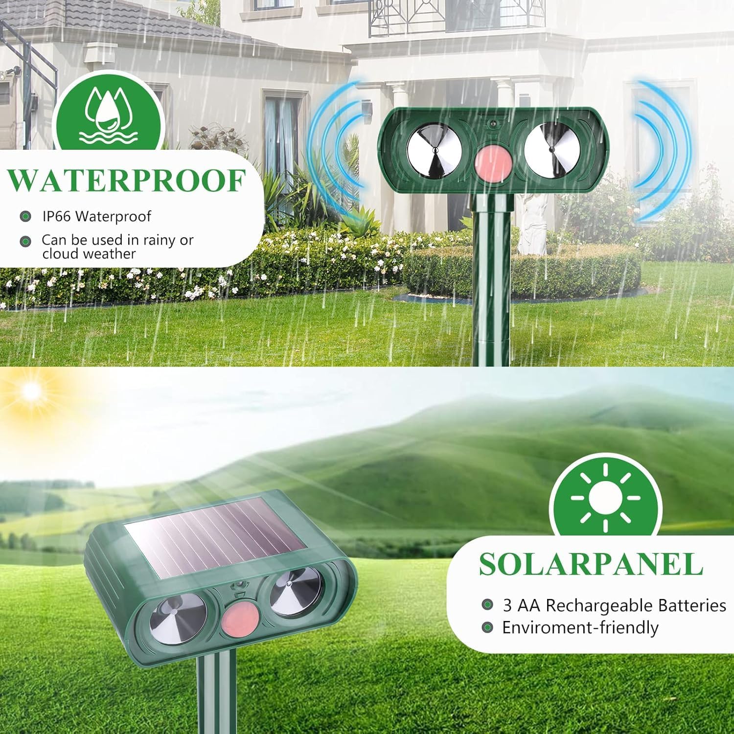 Pack of 2 Solar Animal Repeller Ultrasonic Animal Repellent Deer Repellent Devices Repel Cat, Squirrel, Raccoon, Skunk, Rabbit, Rat, Dog, Waterproof with Motion Detector for Yard