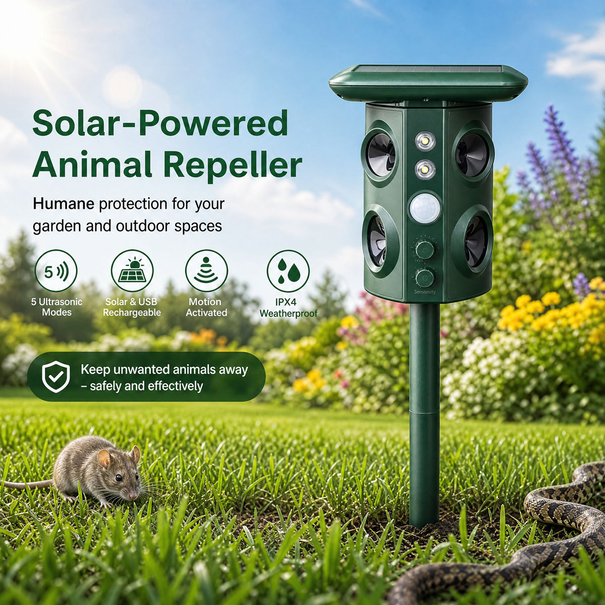 Solar Animal Repeller Outdoor, Ultrasonic Pest Repellent with Motion Sensor & LED Flash, 5 Modes Waterproof Snake Mouse Mole Raccoon Repellent for Garden Yard Farm 669