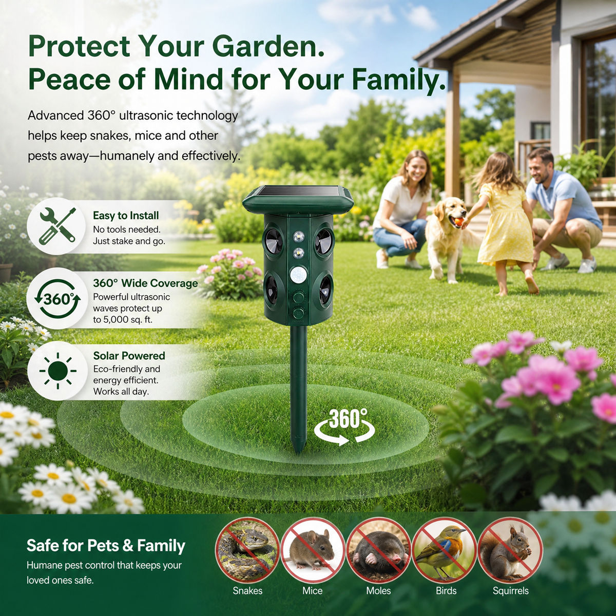 Solar Animal Repeller Outdoor, Ultrasonic Pest Repellent with Motion Sensor & LED Flash, 5 Modes Waterproof Snake Mouse Mole Raccoon Repellent for Garden Yard Farm 669