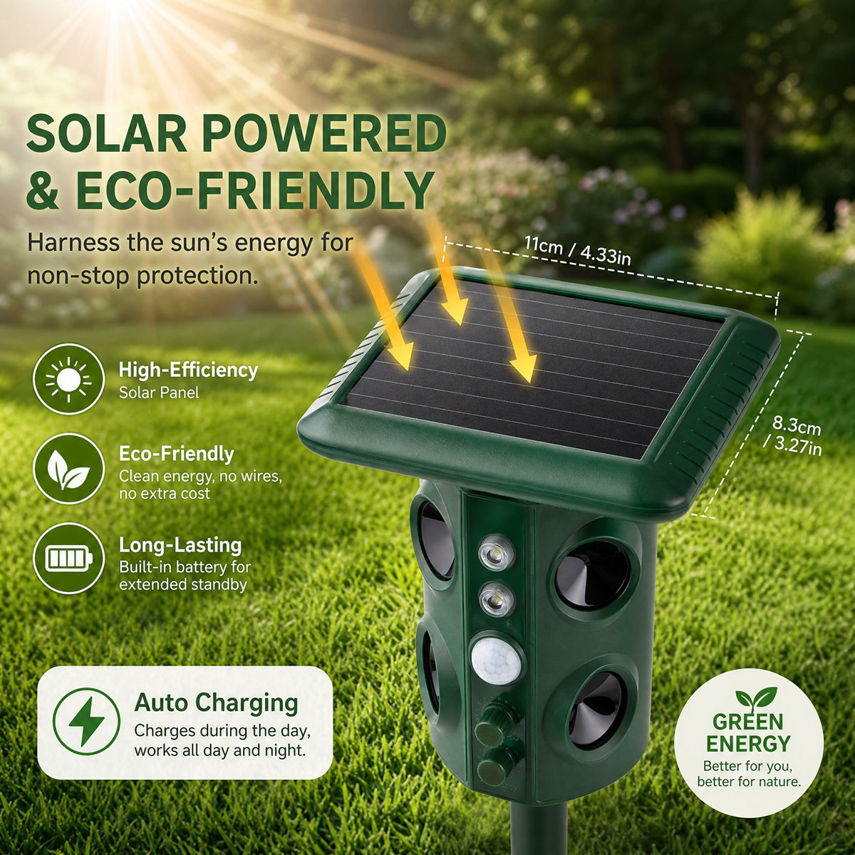 Solar Animal Repeller Outdoor, Ultrasonic Pest Repellent with Motion Sensor & LED Flash, 5 Modes Waterproof Snake Mouse Mole Raccoon Repellent for Garden Yard Farm 669