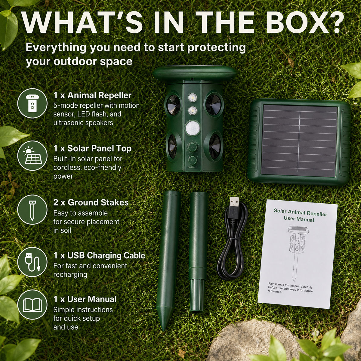 Solar Animal Repeller Outdoor, Ultrasonic Pest Repellent with Motion Sensor & LED Flash, 5 Modes Waterproof Snake Mouse Mole Raccoon Repellent for Garden Yard Farm 669